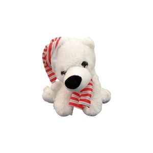Dolgen Polar bear stuffed animal with Christmas stripe pattern hat and scarf 6in
